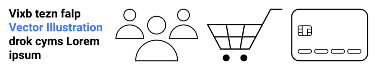 People group, shopping cart, and credit card icons symbolize digital commerce and consumer interaction. Ideal for e-commerce, online shopping, payment solutions, consumer behavior, digital marketing