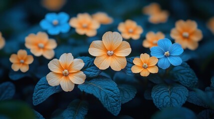 A close-up of vibrant orange and blue flowers amidst lush green leaves.