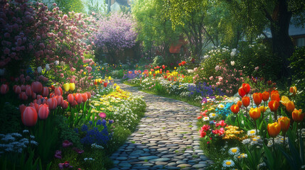 Obraz premium Vibrant summer garden pathway with blooming flowers