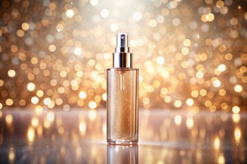 Shimmer Spray Bottle Beauty Product Photography - Medium Shot, Sparkling Cosmetic, Elegant Ad Image