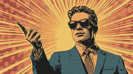 Confident businessman in suit and sunglasses, symbolizing financial success and power.