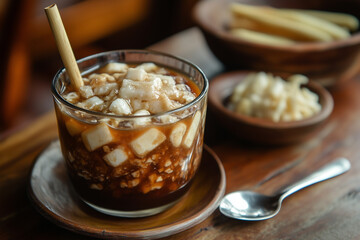 Filipino taho with warm silken tofu, sweet syrup, and tapioca pearls, served in a clear glass, cozy street food vibe