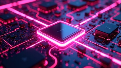 Futuristic Circuit Board With Glowing Quantum Processor and Neon Lights

