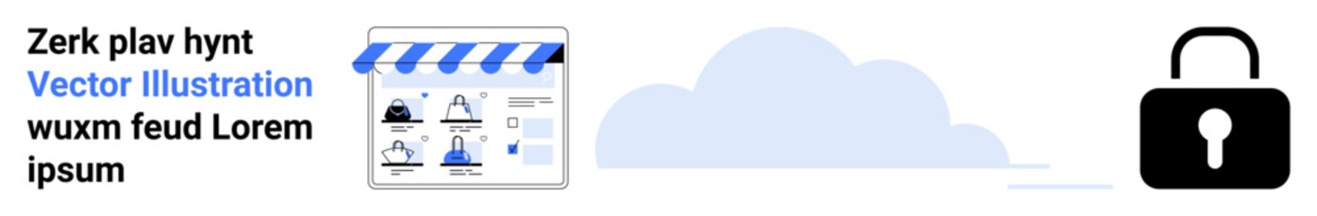 Online storefront featuring products, security lock symbol, and cloud. Ideal for e-commerce security, data protection, online shopping, cybersecurity, digital privacy, cloud storage secure