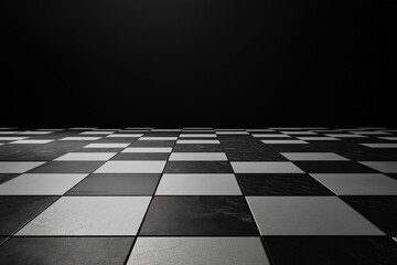 Elegant black and white chessboard background with reflective stone tiles, offering depth and sophistication. Dark empty space ideal for text, product displays, photography, or digital artwork