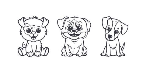 set of cute cartoon dogs in doodle style. Puppy for graphic, content , banner, sticker label, coloring pages and greeting card. Vector illustration