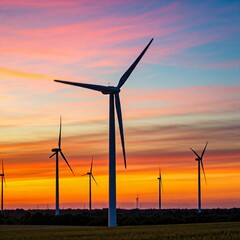 wind turbines at sunset