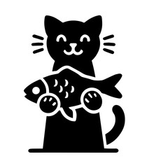 Black Silhouette Illustration of Cat Holding a Fish With Joyful Expression