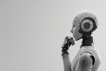 Thoughtful humanoid robot in profile view, against a light grey background.