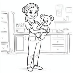 Caring Embrace: A friendly caretaker cradles a soft, inviting teddy bear in a comforting illustration of a safe haven