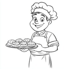 Smiling Baker: A cheerful baker proudly presents a tray of freshly baked goods, the image is a line art illustration