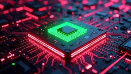 Futuristic Green Microchip With Illuminated Circuit Board in Neon Lighting

