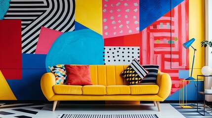 A retro-style wallpaper with bold geometric patterns and vibrant neon colors