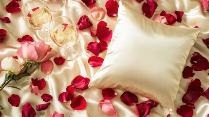 Valentine's Day Romantic Setting with Rose Petals, Champagne, and Satin Pillow