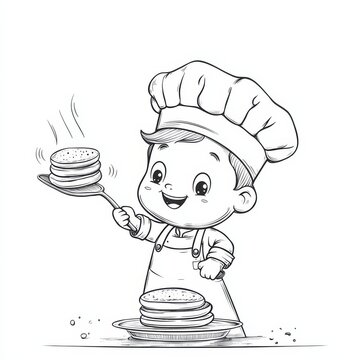 recommend clip art: Little Chef's Pancake Perfection: A delightful illustration of a smiling child chef in a chef's hat and apron, flipping a stack of delicious pancakes.