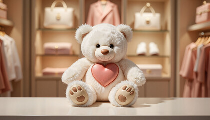 Elegant teddy bear with heart displayed in luxury boutique, emotional gift