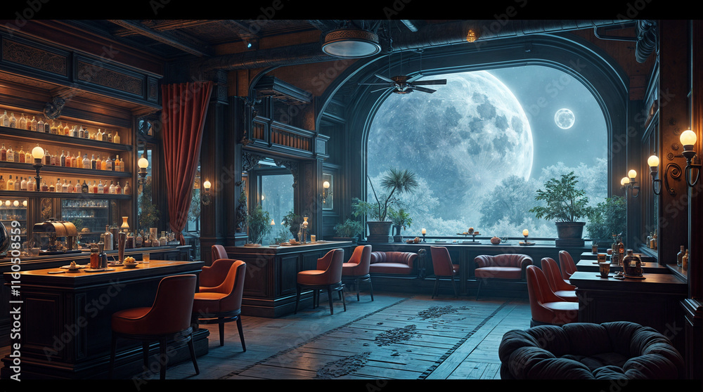 Wall mural a bar with a large window that shows a moon in the sky