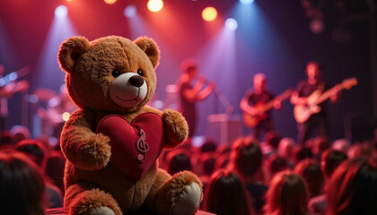 Teddy bear serenading at lively concert stage, musical joy