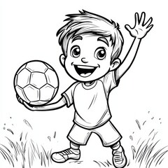 Obraz premium Little Soccer Star: A cheerful cartoon boy, brimming with excitement, stands on a grassy field, holding a soccer ball, ready for a game.