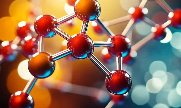 Microscopic view of a molecule model with red and orange atoms connected by bonds.