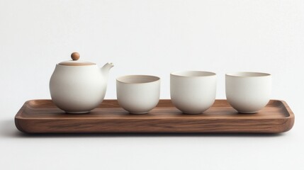 A modern, minimalist tea set arranged on a natural wood tray