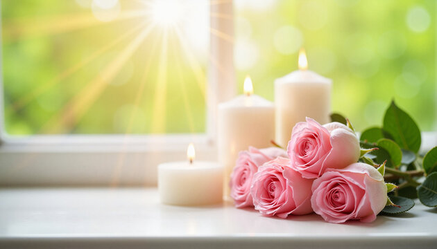 Pink roses and candles on windowsill, serene morning ambiance