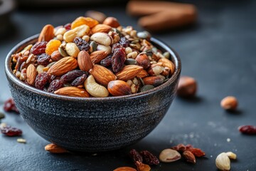Nut and dried fruit mix in a dark bowl filled with healthy snacks for any occasion
