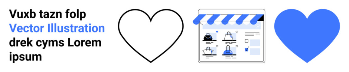 Black and blue hearts, storefront graphic, and placeholder text. Ideal for e-commerce, online shopping, digital marketing, web design, branding customer engagement advertising. Landing page