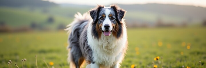 Fototapeta premium Smiling Polish Lowland Sheepdog with gorgeous eyes standing in a vibrant green field at sunset