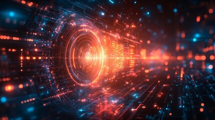Futuristic red and blue digital interface with glowing elements. Generative AI
