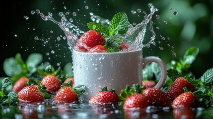 Fresh strawberries and mint splashing into a white mug. (3)
