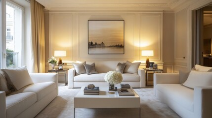 A bright living room with a combination of contemporary and classic decor, soft lighting, and neutral tones