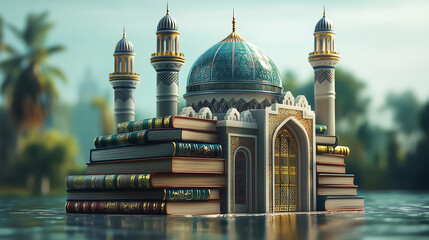 digital rendering depicts a majestic mosque built from stacked books floating serenely on water Lush greenery and a tranquil sky form the backdrop