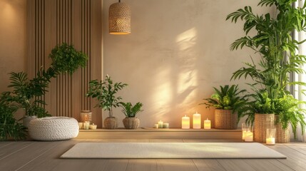 A serene spa room with aromatherapy candles, a plush yoga mat, and calming green plants