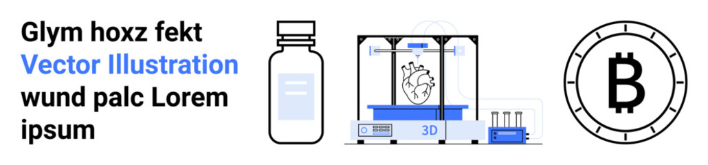 Medicine bottle, 3D printer creating an anatomical heart, and Bitcoin symbol. Ideal for technology, healthcare, pharmaceuticals, 3D printing, digital currency, medical innovation, and biotechnology