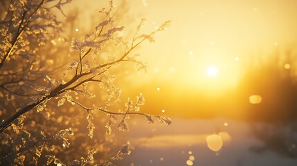 A surreal winter sunrise with a golden glow piercing through dense fog and snowy landscapes.