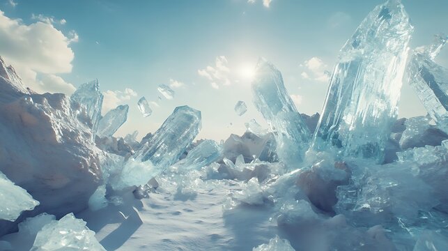 A surreal winter landscape with floating ice shards arranged in a visually striking abstract pattern.