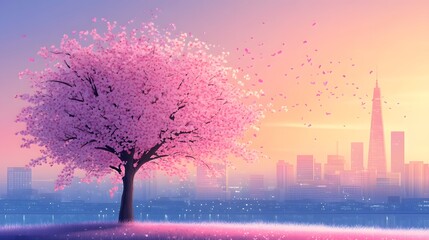 A magnificent and beautiful cherry blossom tree standing alone, with a beautiful view of the city buildings