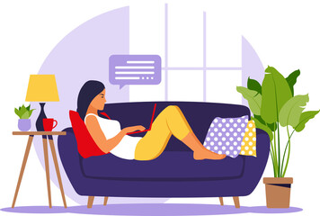 Woman lies with laptop on sofa on transparent background. Concept illustration for working, studying, education, work from home.