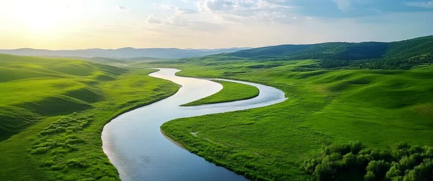 winding river with green grass environment