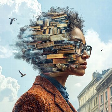 A thoughtful Black woman with curly hair and glasses embodies a head of floating books and clouds.