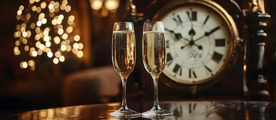 New Years Eve celebration golden banner with champagne glasses and old clock