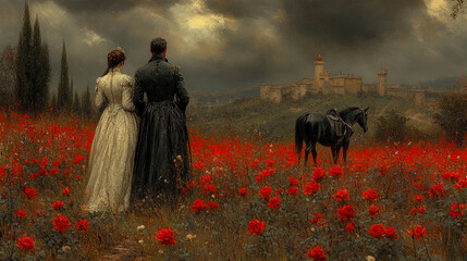Couple Gazing at a Distant Castle in a Poppy Field