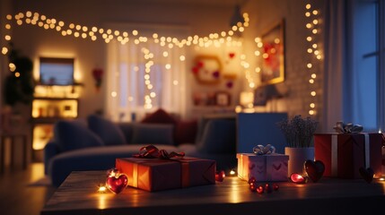 A cozy room decorated with lights and wrapped Valentine gifts on the table