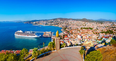 Kusadasi city aerial panoramic view in Aydin Province, Turkey