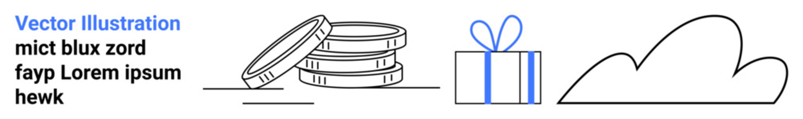 Stacked coins, wrapped gift with bow, and cloud outline. Ideal for finance, savings, gifting, cloud storage, online transactions digital security future planning. Landing page
