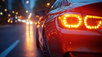 Sleek car tail lights and city street at night with bokeh effect