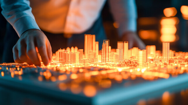 Architect examining glowing city model, showcasing urban design and innovation