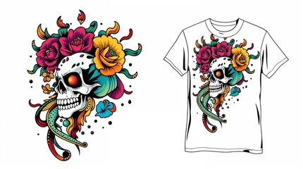 T-shirt mockup, print, Skull and flower graphic t-shirt design with vibrant colors and intricate details