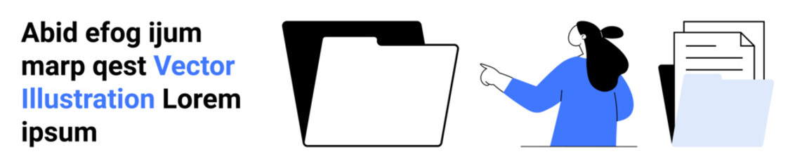 Female professional pointing at documents and folders. Ideal for office workflow, administrative tasks, project management, business analysis, organization, teamwork, digital transformation. Banner